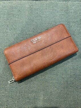 Guess Brown Leather Zip Wallet with Silver Logo